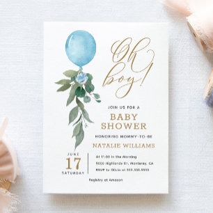 Invitation Oh Garçon Ballon Bleu Verdure Baby Shower