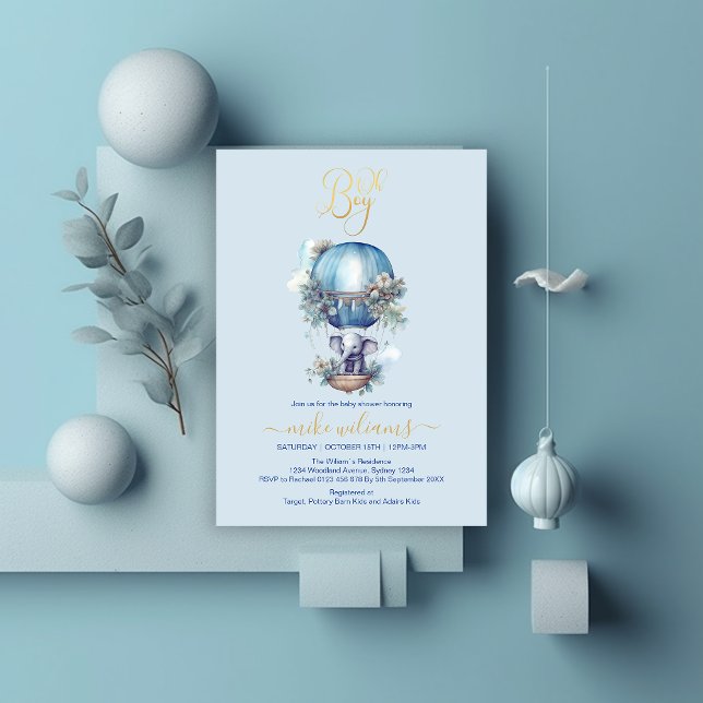 Invitation Oh garçon bleu aquarelle baby shower d'éléphant (Créateur téléchargé)