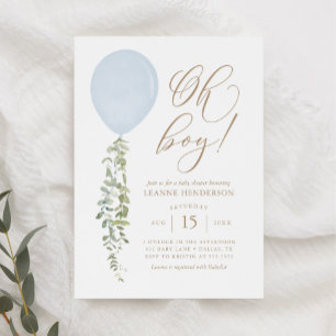 Invitation Oh Garçon Bleu Balloon Eucalyptus Baby shower Invi