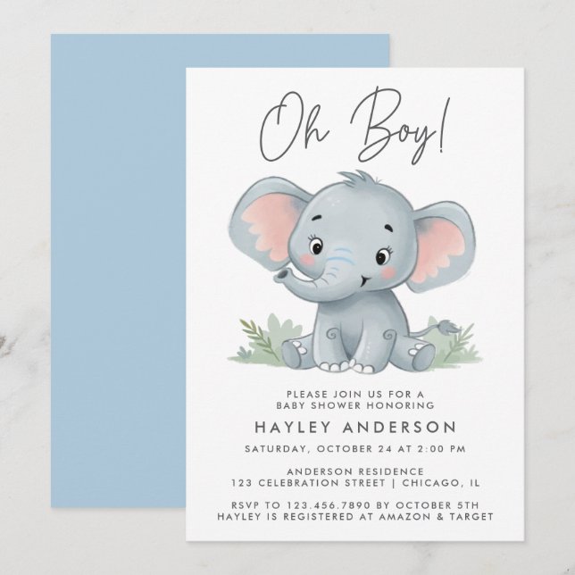 Invitation Oh garçon bleu bébé Baby shower éléphant (Devant / Derrière)