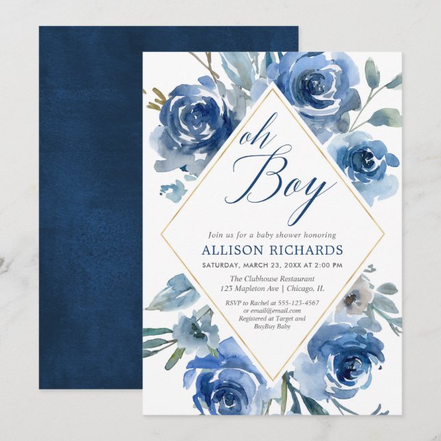 Invitation Oh garçon bleu marine élégant floral baby shower g (Devant / Derrière)