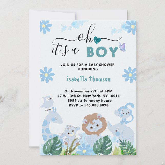 Invitation Oh garçon bleu safari animaux garçon baby shower (Devant)