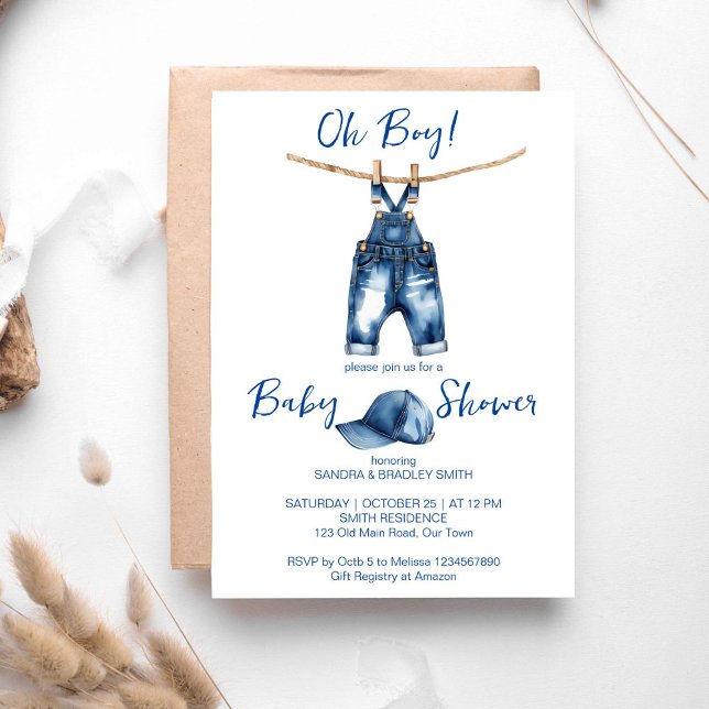 Invitation Oh garçon blue jeans baby shower modèle (Oh boy blue jeans baby shower template invitation digital download baby jeans on a line sports cap)