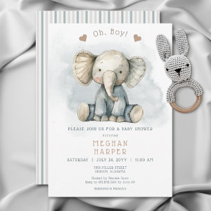 Invitation Oh garçon éléphant bleu Baby shower rayé