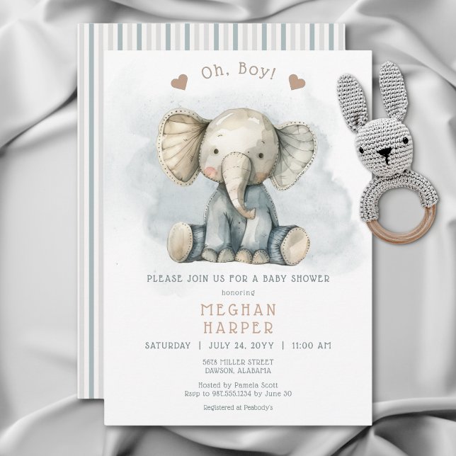 Invitation Oh garçon éléphant bleu Baby shower rayé (Oh Boy Elephant Blue Striped Baby Shower Invitation)