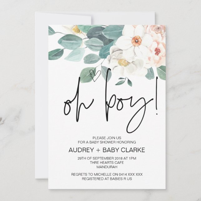 Invitation Oh garçon mignon Baby shower fête Blush Floral (Devant)
