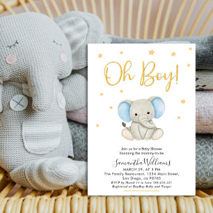 Invitation Oh garçon mignon bleu bébé Baby shower éléphant
