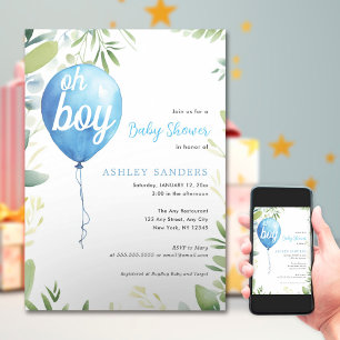 Invitation Oh garçon moderne eucalyptus bleu baby shower ball