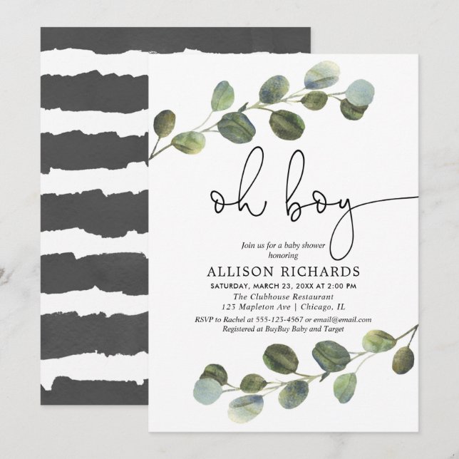 Invitation Oh garçon moderne eucalyptus noir blanc baby showe (Devant / Derrière)