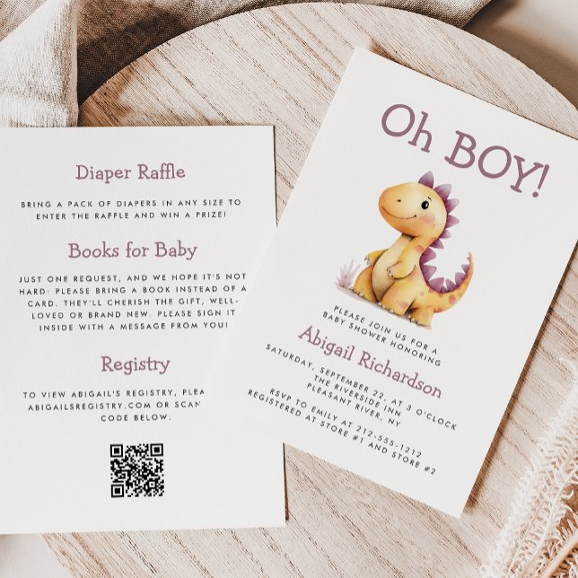 Invitation Oh Garçon Orange Dinosaure Violet Code QR Baby Sho (Créateur téléchargé)