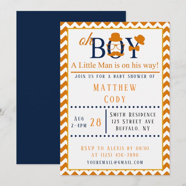 Invitation Oh garçon Orange et Baby shower bleu (Devant / Derrière)