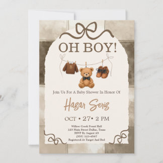 Invitation Oh Garçon Ours en Peluche Beige Gingham Baby Showe