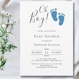 Invitation Oh Garçon Parties scintillant bleue Pieds Baby sho