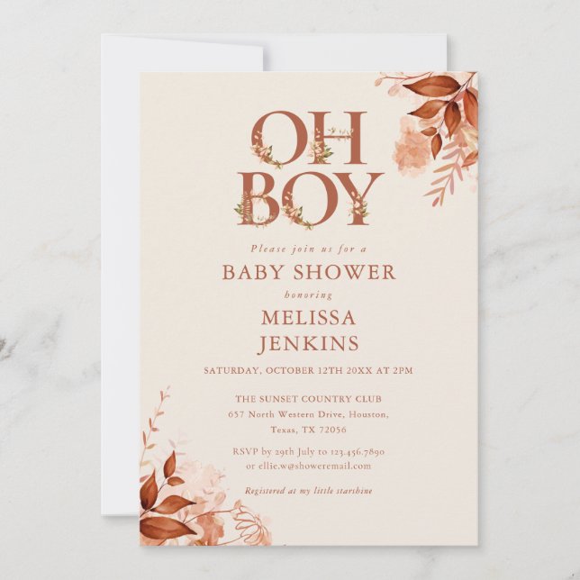 Invitation Oh garçon Rustique Floral Automne Baby shower d'au (Devant)