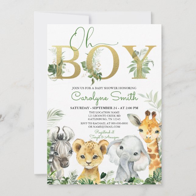 Invitation Oh garçon Tropical Jungle Animaux Baby shower (Devant)