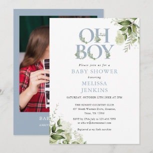 Invitation Oh Garçon Verdure Bleu Poussiéreux Photo Baby Show