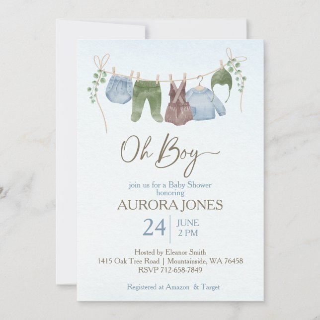 Invitation Oh garçon vêtements boho baby shower  (Devant)