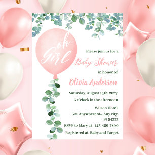 Invitation Oh Girl, Baby shower moderne rose balloon