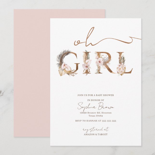 Invitation Oh Girl Boho Fleurs tropicales Baby shower fille (Devant / Derrière)