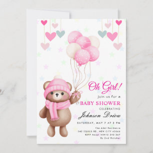 Invitation “Oh Girl!” ours en peluche ballon baby shower