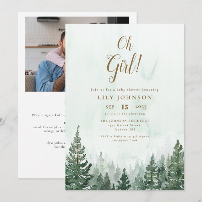 Invitation Oh Girl Pine Tree Forest Baby shower Photo QR Code (Devant / Derrière)