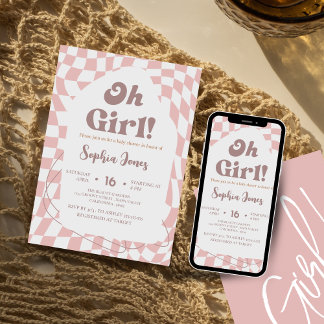 Invitation Oh Girl !  Rose à carreaux | Vichy | Baby shower