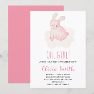 Invitation Oh Girl Sweet Bunny Baby shower d'aquarelle