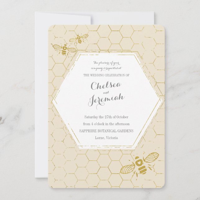 Invitation Oh Honey Bee Cream Gold Custom Wedding (Devant)