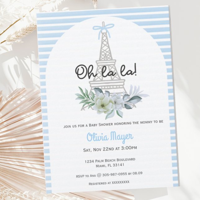 Invitation Oh La La French Paris Boy Blue Baby shower tendanc (Créateur téléchargé)