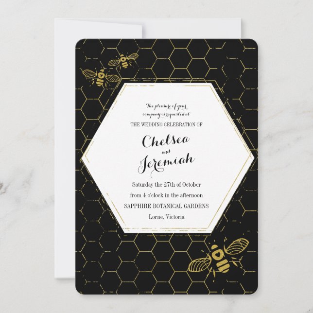 Invitation Oh Miel Abeille Noir Or Mariage Personnalisé (Devant)