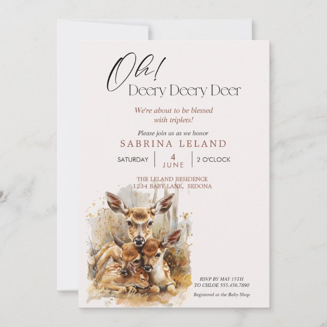 Invitation Oh, mon cher Deery Deer Triplets Baby shower (Devant)