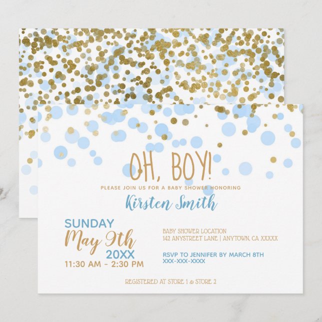 Invitation Oh mon Dieu ! Baby shower Garçon Blue & Gold Confe (Devant / Derrière)