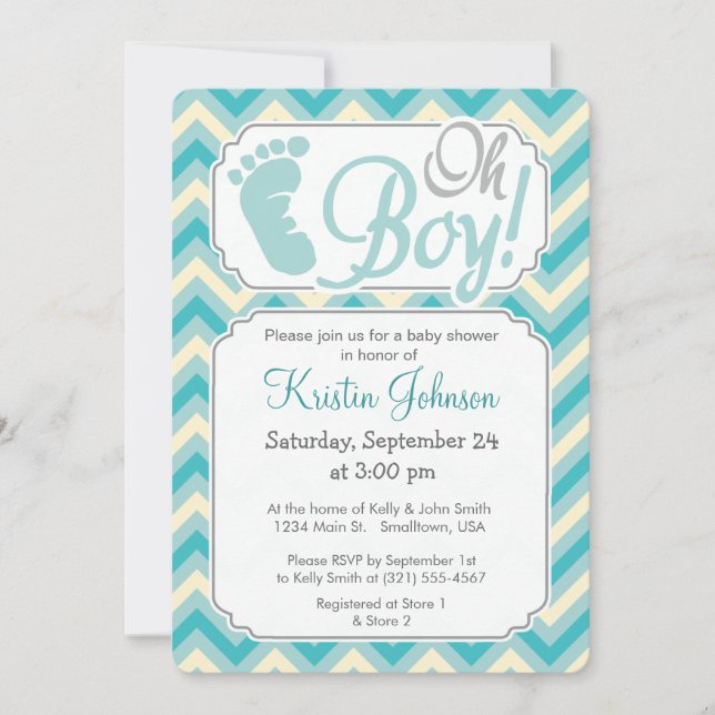 Invitation Oh mon Dieu ! Bleu, Turquoise Baby shower Chevron (Devant)
