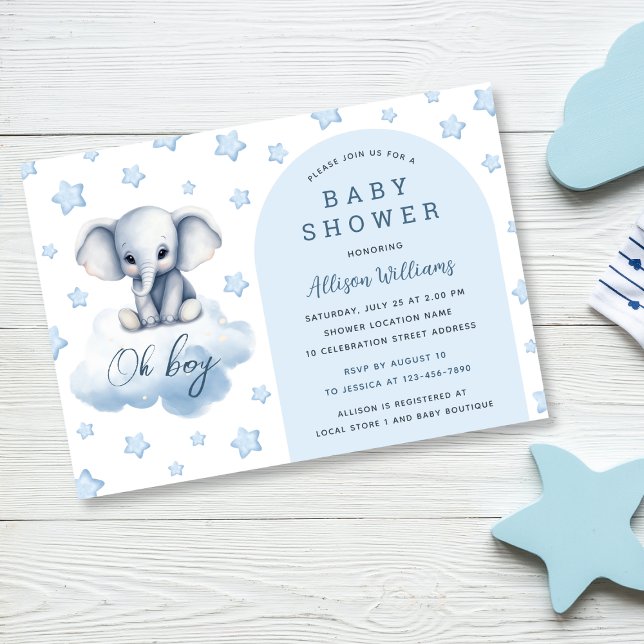 Invitation Oh mon garçon | Baby shower moderne Blue Elephant  (Créateur téléchargé)