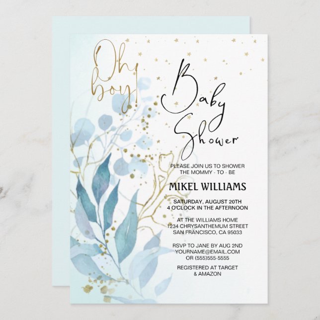 Invitation Oh mon garçon | Elégante aquarelle Baby shower sim (Devant / Derrière)
