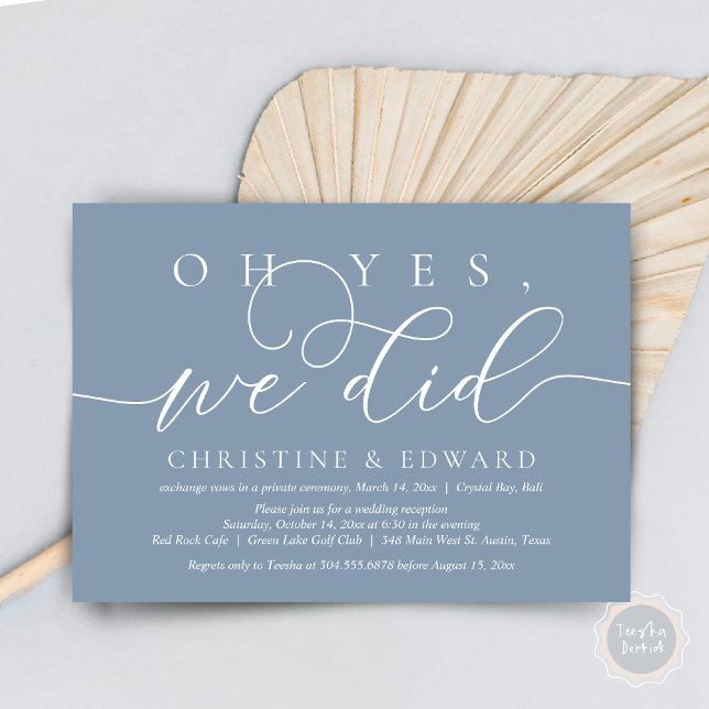 Invitation Oh Oui, Nous L'Avons Fait, Dîner Romantique Mariag (Oh Yes, We Did, Wedding Elopement Dinner Invitation Card, PDF, Modern Romantic, in Dusty Blue)