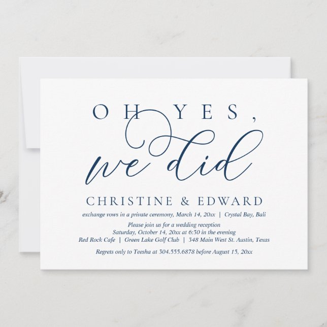 Invitation Oh oui, nous l'avons fait, Mariage en fuite, Bleu  (Devant)