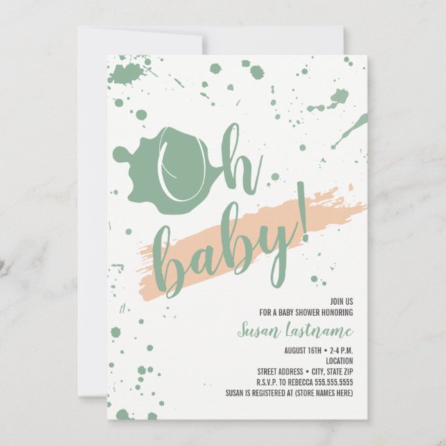 Invitation Oh pêche de bébé et baby shower vert de fille (Devant)