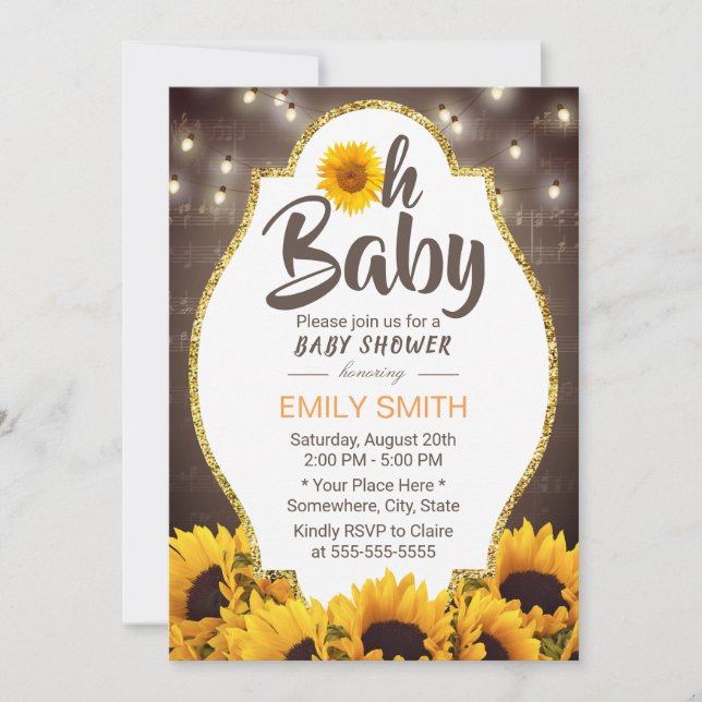 Invitation Oh tournesols élégants et musique de baby shower (Devant)