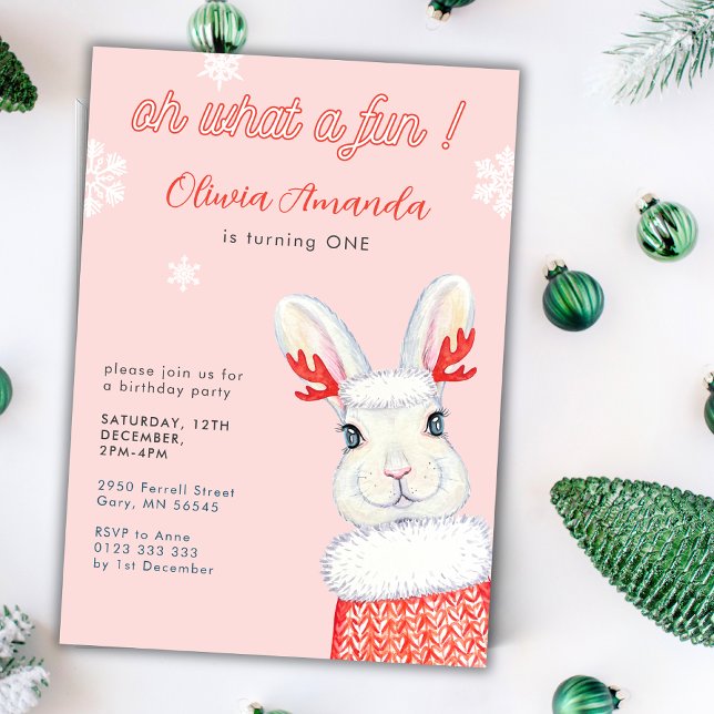 Invitation Oh What A Fun Winter Pink First 1er Anniversaire (Créateur téléchargé)