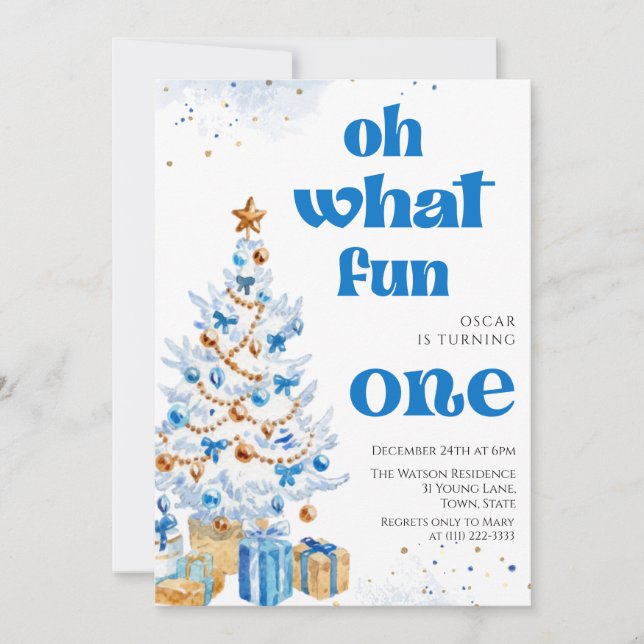 Invitation Oh what fun Blue tree christmas birthday  (Devant)