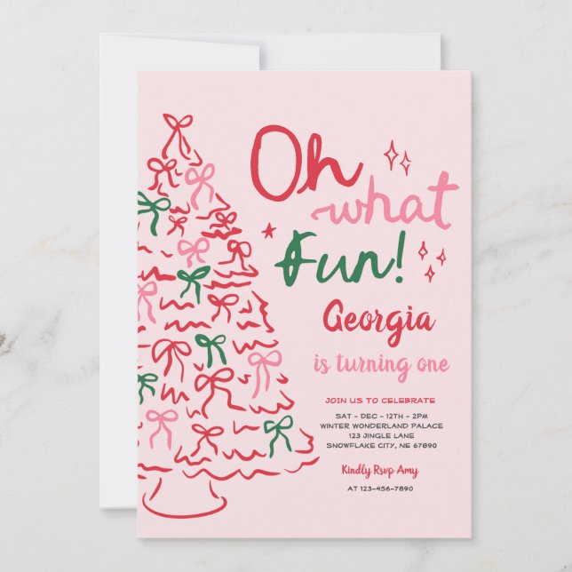 Invitation Oh What Fun Coquette Bow Christmas Tree Birthday (Devant)