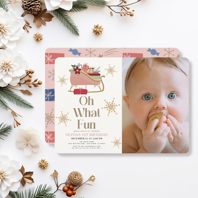 Invitation Oh What Fun Holiday Pink Sleigh Photo 1er Annivers (Créateur téléchargé)