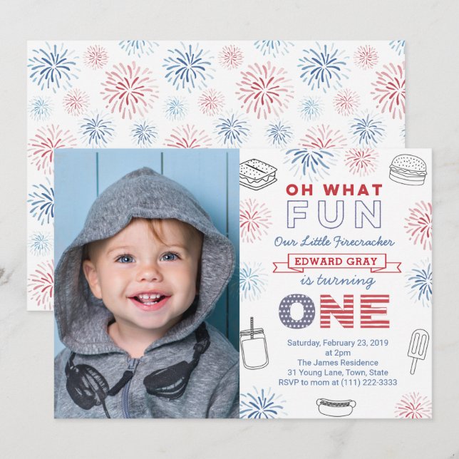 Invitation Oh What Fun Juillet 4 Américain 1er Anniversaire (Devant / Derrière)
