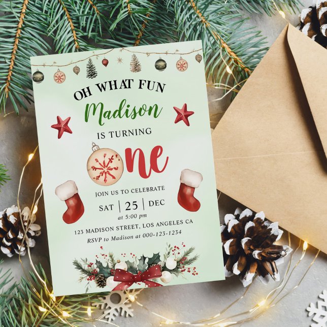 Invitation Oh What Fun Noël Hiver Première fête d'anniversair (Créateur téléchargé)