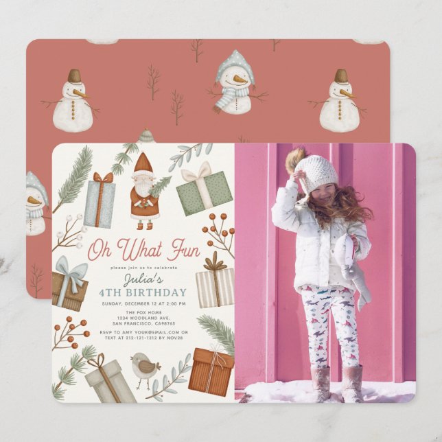 Invitation Oh What Fun Père Noël Holiday Girl Birthday Photo (Devant / Derrière)