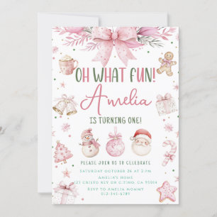 Invitation Oh What Fun Pink Noël hiver Premier anniversaire