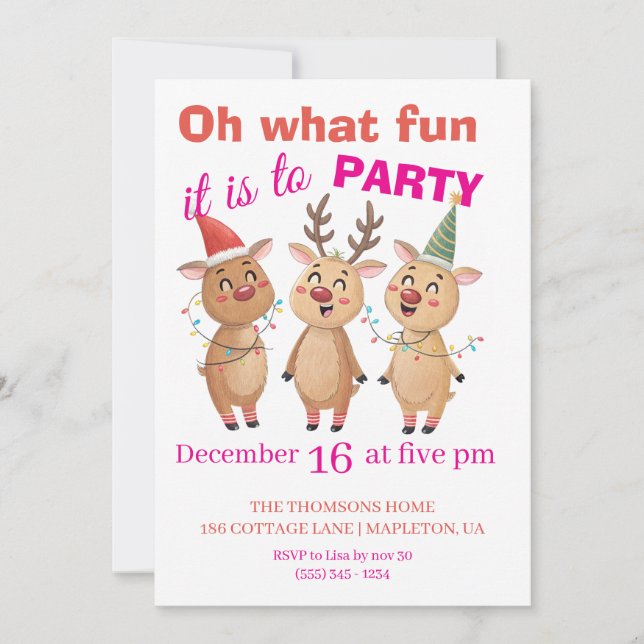 Invitation Oh what fun reindeers holidays party  (Devant)