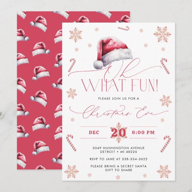 Invitation Oh What Fun Santa Hat Holiday Christmas Eve Party  (Devant / Derrière)