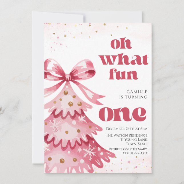 Invitation Oh what fun tree christmas girl birthday  (Devant)